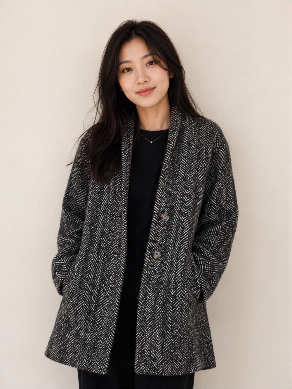 Zara Woman Black & White Herringbone Coat